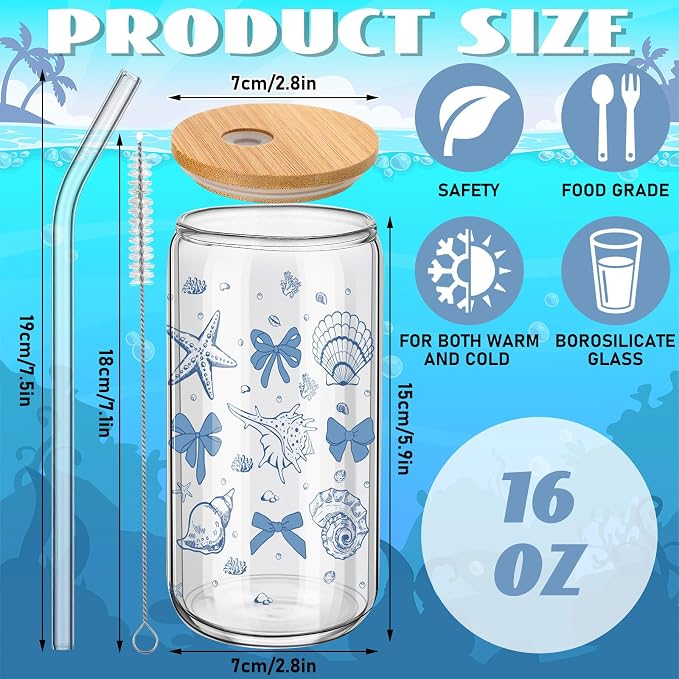 Teenyyou 12 Set of Shell Glasses with Bamboo Lid and Glass Straw 16 oz Summer Drinking Cup Beer Iced Coffee Cup Tumbler Mugs for Teacher's Day Gift Holiday Party Office