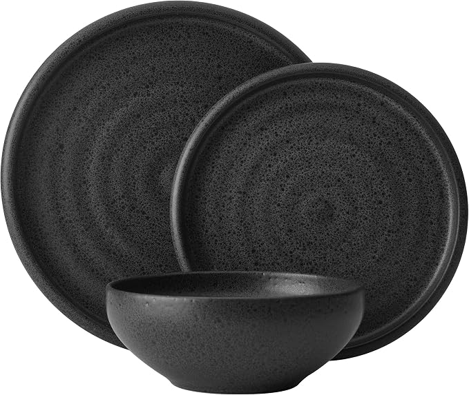 Mikasa Declan 12 Piece Stoneware Dinnerware Set, Service for 4, Modern Black Plate and Bowl Dishes with High Rims, Black
