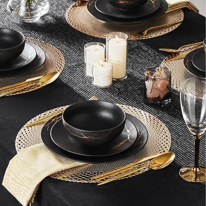 KINGSTONE Dinnerware Sets for 6, Black & Gold Plates and Bowls Sets Matte Vein Dish Set, Modern Luxury Tableware Dinner Salad Plate bowl, for Home Wedding Party Gifts (18 Piece)