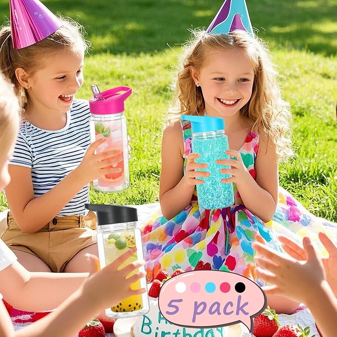 5 Pack 10 Oz Plastic Snow Globe Tumbler for Kids with Pre-Drilled Hole and Plug, Leak Proof Double Wall Snow Globe Sports Water Bottles with Portable Handle for Glitter DIY Gift, Mixed Color