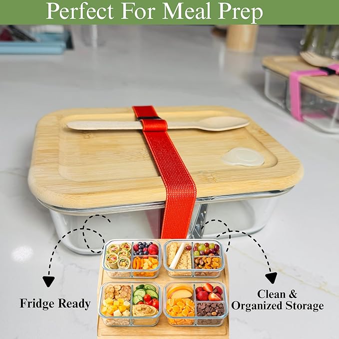 Glass Food Storage Containers with Bamboo Lids, Airtight Containers, Non Toxic Food Storage, Eco Friendly Fridge Storage Containers Includes Elastic Bands and Utensils (4 Count)