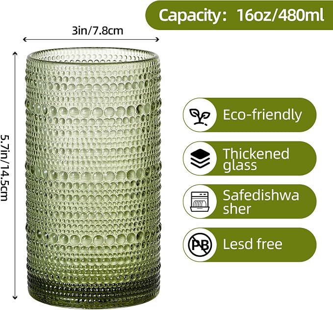 16oz Hobnail Drinking Glasses Set of 12, Vintage Large Capacity Embossed Green Tumblers, Highball Glasses for Water, Cocktail, Beer, Whiskey, Juice & Bar Use