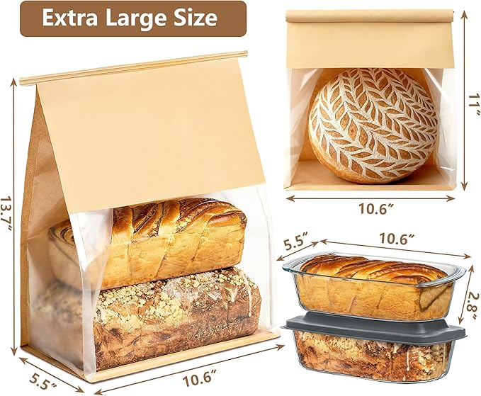 100 Pack Extra Large Paper Bread Bags for Homemade Bread Sourdough Bags, 13.7x10.6x5.5 Inches Resealable Tin Tie Tab Lock Bakery Loaf Bag with Window, Baked Goods Packaging for Gifting and Bake Sale