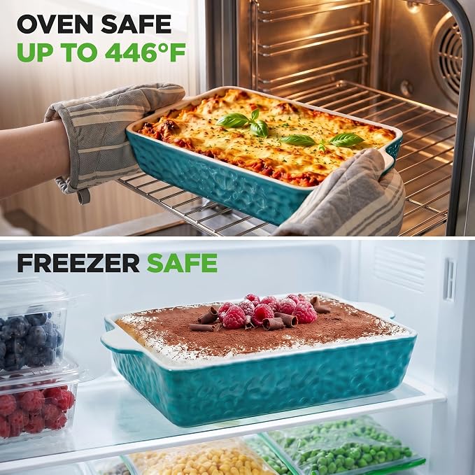NutriChef 3-pc Casserole Dish Set for Oven, Ceramic Lasagna Baking Dishes, Deep Serving Dish with Handles - Aqua, (14.7"/ 10.8"/ 7.9")