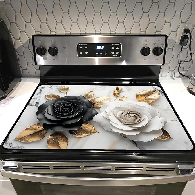 Glass stove top cover 28"x 20", Stove Top Covers for Electric Stove, Flat Range Mat for Glass Cooktop, Kitchen Heat-Resistant Protector Non-Slip Drying Mat (Black and White Roses)
