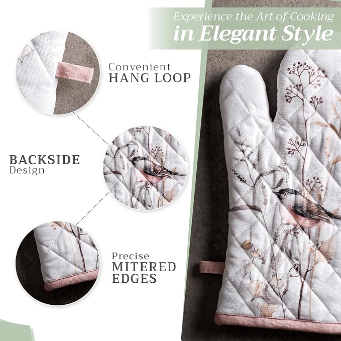 Maison d' Hermine 100% Cotton Oven Mitt & Pot Holder Set (7.5"x13" & 8"x8") Heat Resistant BBQ Cooking Gloves with Loop Baking Kitchen Gifts for Mothers Day Spring/Summer (Meadow Florals - Brown)