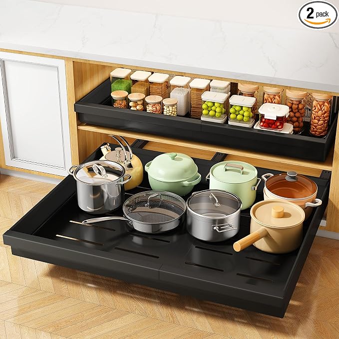 Pull out Cabinet Organizer, 2-Pack Expandable(13.6"-24") Silde out Drawers with Raising Pad for Framed Cabinets, Adjustable Full-Extension Adhesive Roll out Shelves for Kitchen Pantry Home Pot and Pan