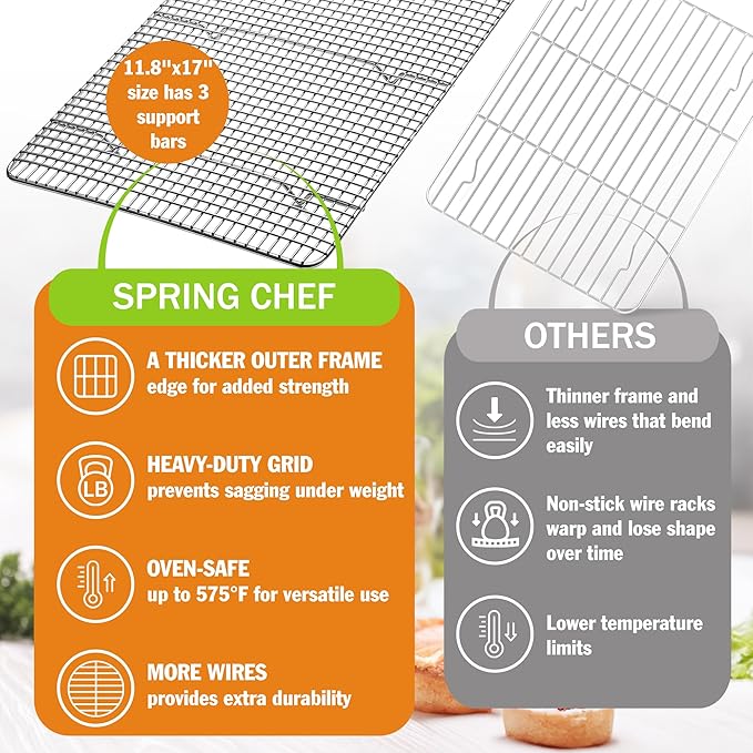 Spring Chef 11.5" x 16.5" Stainless Steel Cookie Cooling Rack - Oven Safe - Baking Rack for Bacon, BBQ, Jerky, Bread, Pizza, Cake - Fits Half Sheet Roasting Pan - Dishwasher Safe