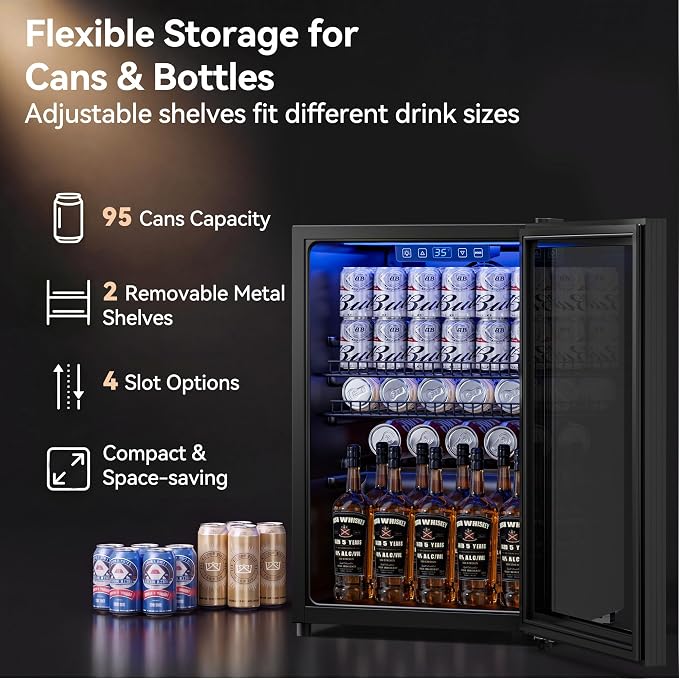 Tehanld 2.5 Cu.Ft Wine Fridge, Beverage Fridge With Glass Door, Wine Cooler Refrigerator, Beverage Drink Beer Cooler, Adjustable Shelves & Digital Temperature Display, 22 Bottle 95 Can