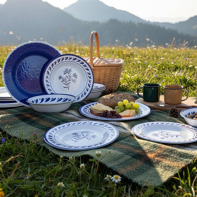 Blue Melamine Dinnerware Sets,12-Piece Plates and Bowls Set for 4,Coastal Farmhouse Style Dish Sets,Chip Resistant & Dishwasher Safe,Dark Indigo Vintage Pattern for Outdoor Patio Everyday Use