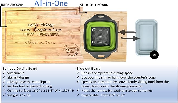 Cocina Vida Customizable Bamboo Cutting Board with 4 Collapsible Containers and Strainer - All-In-One Personalized Cutting Board with Slide-Out/Expander - Kitchen Must Have