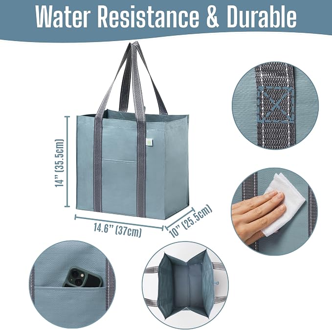 VENO 4 Pack Reusable Grocery Bags, Heavy-Duty Shopping Bags with Handles, Bags for Shopping Cart with Hard Bottom to Stand Upright, Foldable, Multi-Purpose(Light Blue, 4 Pack)