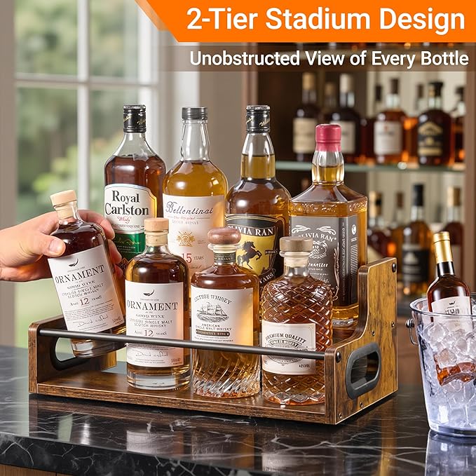 YQBRAO 2-Tier Liquor Bottle Display Shelf, Coffee Syrup Rack Organizer, Water Bottle Organizer, Mini Bar Cabinet, Rustic Bar Shelves for Liquor Whiskey, Spirits