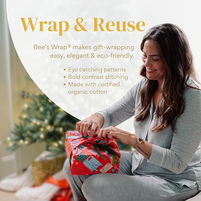 Bee's Wrap Furoshiki Reusable Cotton Fabric Wrapping Paper - Mustard Honeycomb Pack of 4 Gift Wraps - Reusable Wrapping Paper & Gift Wrap