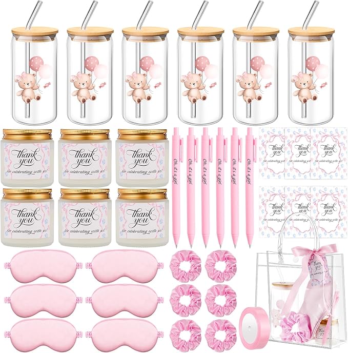 Reallnaive 43 Pcs Baby Shower Prizes for Player Winner Wedding Bridal Shower Favor Gifts Including Glass Cups Aromatherapy Candle Eye Mask Hair Band Greeting Card Pen Ribbon Gift Bag(Bear Style,Pink)