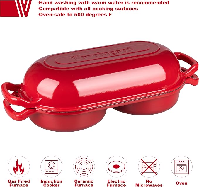 VORRINGARD Enameled Cast Iron Double Dutch Oven with Lid, Dual Round Loaf Pan, Bread pan for Homemade Sourdough Bread Baking, Red