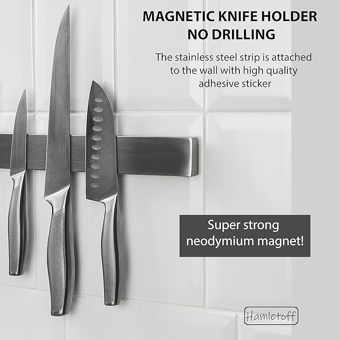 Premium Magnetic Knife Strip for Wall no Drilling – 16 Inch Stainless Steel Magnetic Knife Holder with Neodymium Magnet Strong Adhesive Tape - Lightweight Kitchen Magnet Knife Bar