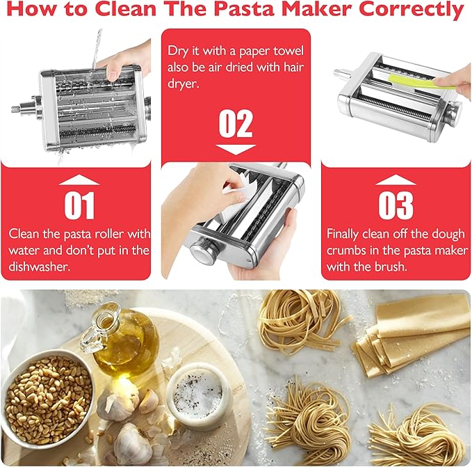 Wiselet Stainless Steel 3 In 1 Pasta Maker Attachment for KitchenAid Stand Mixer, Included Pasta Sheet Roller Spaghetti and Fettucine Cutter, Heavy Duty Sturdy and Durable
