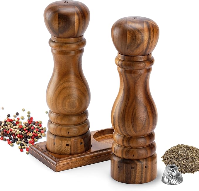 Wooden Salt and Pepper Grinder Set, Manual Salt and Pepper Mill with Ceramic/Stainless Steel Core, Refillable Salt Grinder with External Adjustable Coarseness, 9” Tall (Acacia)