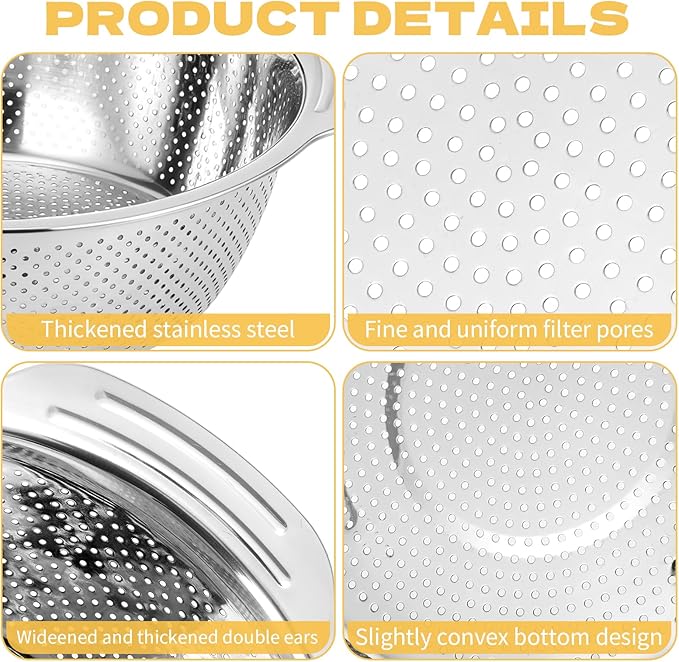 Stainless Steel Colander for Kitchen, 5 Pack Metal Kitchen Strainer Bowls with Handles, Food Strainer Basket for Pasta, Noodles, Vegetables and Fruit, Nesting Design, Dishwasher Safe