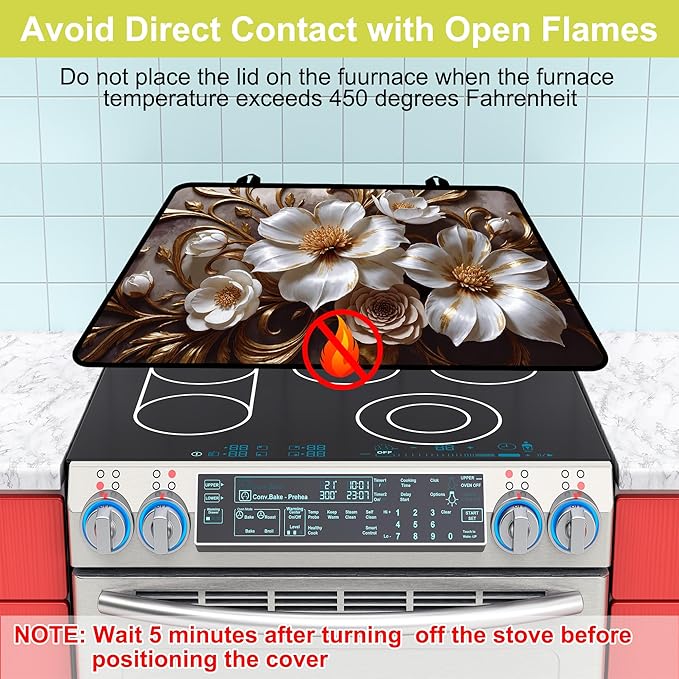 Glass stove top cover 28"x 20", Stove Top Covers for Electric Stove, Flat Range Mat for Glass Cooktop, Kitchen Heat-Resistant Protector Non-Slip Drying Mat (Golden Flowers)