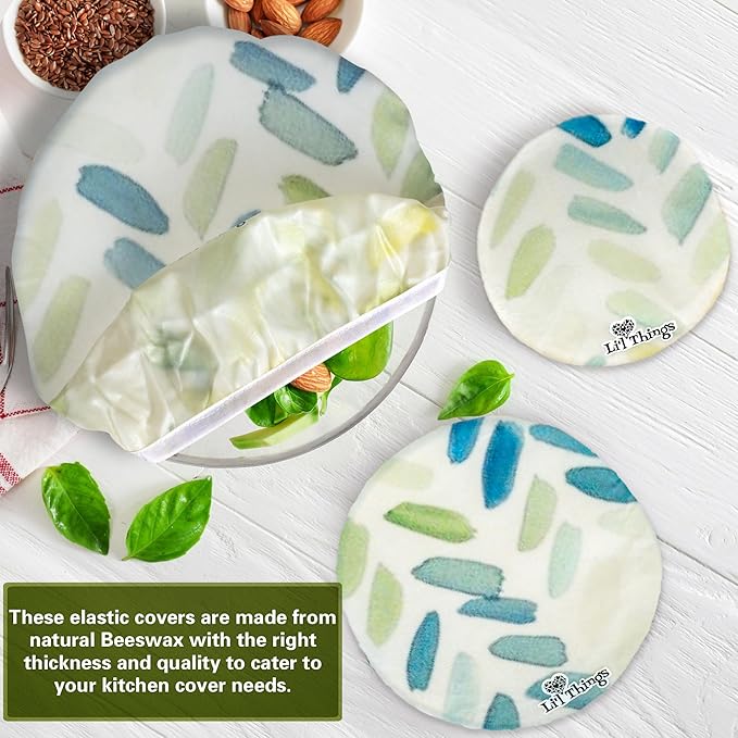 Beeswax Bowl Covers Set of 5 (XS–XL) – Reusable Elastic Food Covers for Bowls – Organic Cotton with Beeswax, Washable & Plastic-Free | Li’l Things – Paintbrush