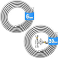 6 FT Premium Stainless Steel Braided Refrigerator water line+ 20 FT Refrigerator Water Line Kit with 3/8"- 1/4"- 3/8" Tee Stop Valve for Most Brands and Models Refrigerator