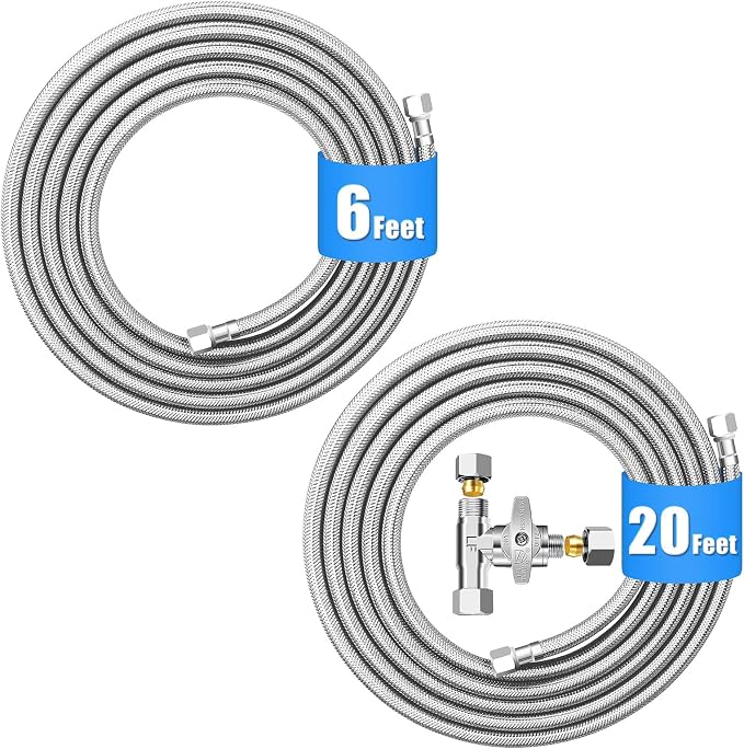6 FT Premium Stainless Steel Braided Refrigerator water line+ 20 FT Refrigerator Water Line Kit with 3/8"- 1/4"- 3/8" Tee Stop Valve for Most Brands and Models Refrigerator