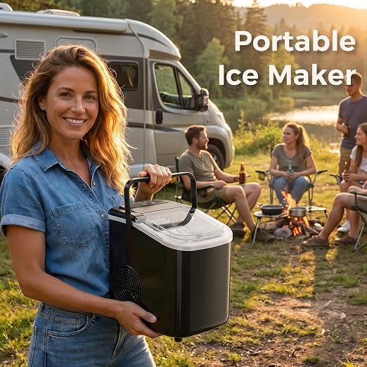 Countertop Ice Maker, Portable Ice Machine with Carry Handle Basket and Scoop, 9 Bullet Cubes Ready in 6 Mins, 26lbs Daily, Self-Cleaning for Home, Kitchen, Camping, RV