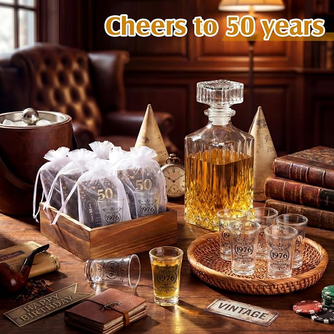 LemonRoad 100 Set 50th Birthday Party Favor for Guest Bulk, 1.4oz Plastic Shot Glasses Cup, Cheers to 40/50/60/70/80 Years Beer Bottle Opener Keychain Thank You Card Gift Bag for Souvenir Party Gift