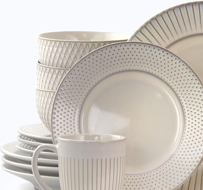 Elama Market Finds 16 Piece Round Stoneware Dinnerware Set in Embossed White