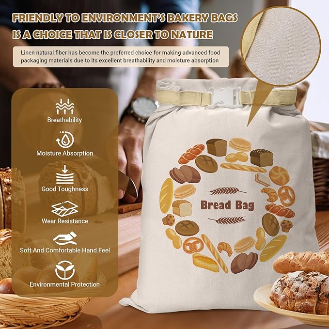 Large Linen Beeswax Bread Bags(2 Pack) Sourdough Bread Bags Reusable Double-Lock Freezer Baking Container Gift Giving for Homemade,Loaf,Sourdough,Food Storage (Colorful Patterns)