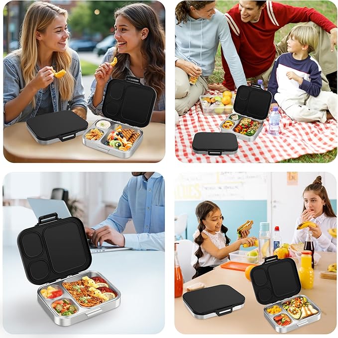 Pawtong Stainless Steel Bento Lunch Box for Kids | 3-Compartment Lunch Box Container Kids | 100% Leakproof, Eco-Friendly, Perfect Portion Control for Kids&Adult Healthy Meals (Black)
