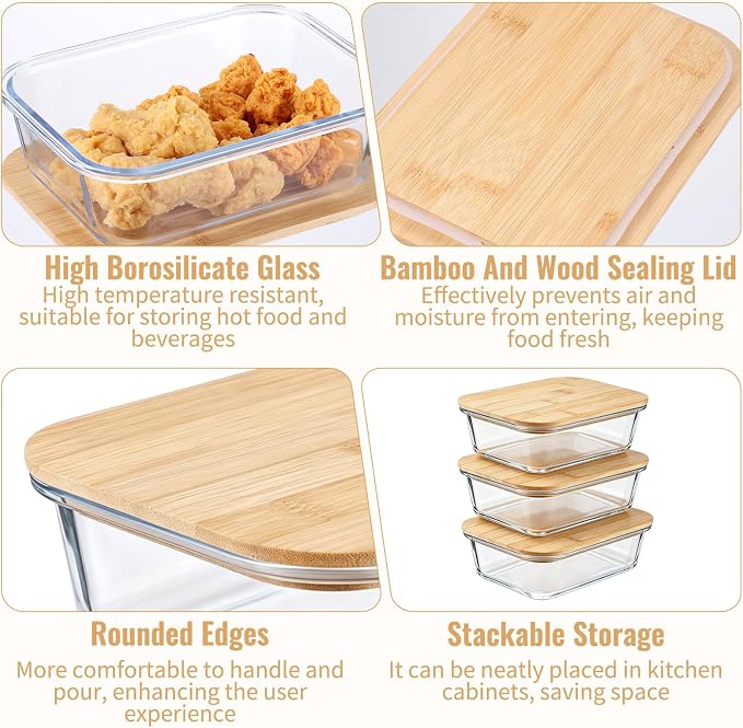 6 Pack Glass Food Storage Containers with Bamboo Lids, Stackable Meal Prep Containers, Clear Airtight Glass Bowls for Microwave, Oven, Freezer & Dishwasher Safe