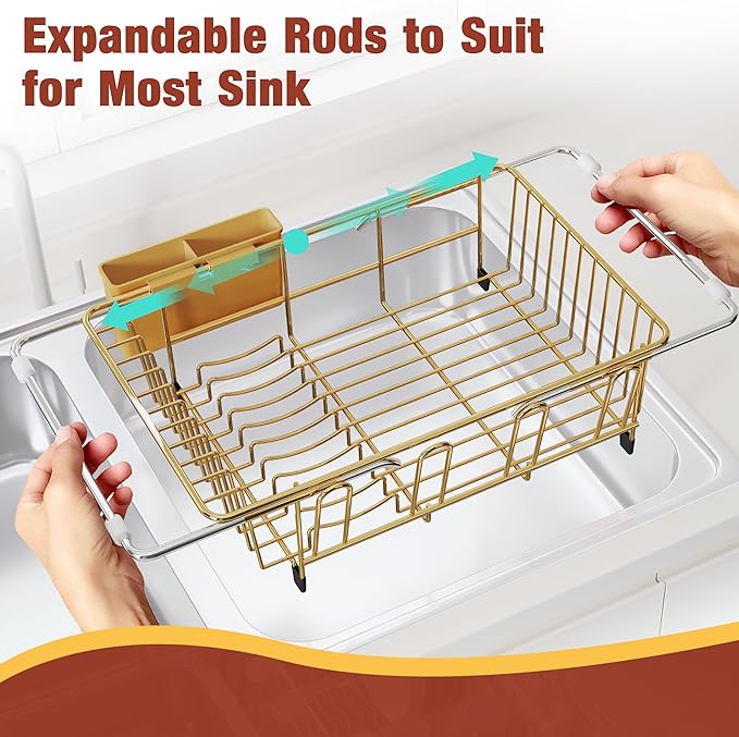 JASIWAY Gold in Sink Dish Drying Rack, Expandable Stainless Steel Small Dish Rack Over Kitchen Sink, Plate Drainer Strainer with Utensil Holder & Cup Holders, Counter Space Saving Wire Dryer Rack