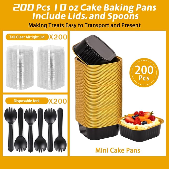 200 Pack 10 oz Black Gold Mini Aluminum Cake Pans with Lids and Spoons, Disposable Square Baking Cups, Oven Safe Foil Ramekins for Individual Desserts, Cupcakes, Cheesecakes Ramekins Muffin