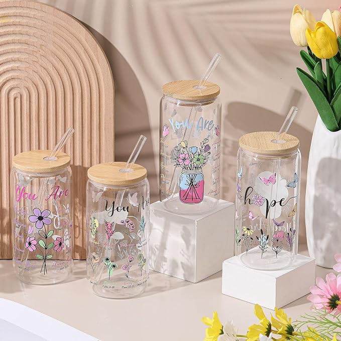 Mumufy 4 Pack Wildflower Glass Cups Gift Aesthetic Cute Glass Cup Tumbler Flower Iced Coffee Mugs 16 oz with Bamboo Lid & Straw, for Wedding Birthday Bridesmaid Mom Baby Shower