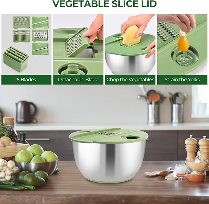 SUSTEAS Stainless Steel Salad Spinner Large, Vegetables Wash Bowl, Fruits & Herb Lettuce Dryer with 5 Blade Slicer Egg Yolk Strainer Shredder for Efficient Salad Preparation and Food Washing, 4.25Qt