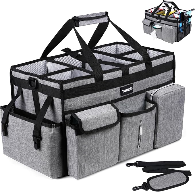 Extra Large Cleaning Caddy Bag with Rigid Support Board, Cleaning Organizer Tote with Detachable Divider, Adjustable Shoulder Strap & Waist Belt, Cleaning Supply Carrier for Cleaners & Housekeepers