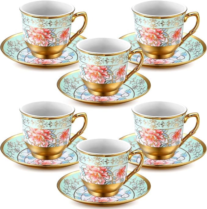 6 Pcs 3 oz Mini Vintage Floral Tea Cups and Saucers Set, Green Porcelain Tea Cup Sets Assorted Colors with Gift Box for Cappuccino, Macchiato, Birthday Party Supply