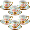 6 Pcs 3 oz Mini Vintage Floral Tea Cups and Saucers Set, Green Porcelain Tea Cup Sets Assorted Colors with Gift Box for Cappuccino, Macchiato, Birthday Party Supply