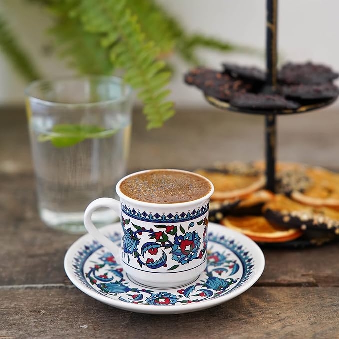 Turkish Coffee Cups Set of 2 with Saucers and Cup Holder, Ceramic Espresso Cups, Perfect for Serving Arabic Coffee – White & Blue Pattern