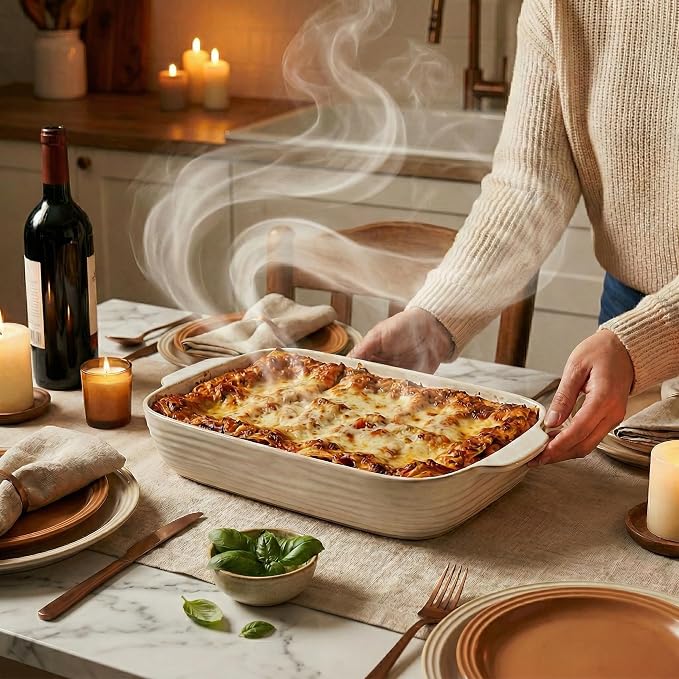 Baking Dish for Oven, Ceramic Casserole Dishes Set for 3, Rectangular Lasagna Pan Deep, Baking Pans with Handle, 12.9“/10.8"/8.4" Bakeware Sets for Cake, Casserole, Kitchen Wedding Gifts, Arctic White