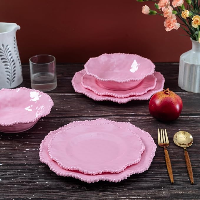 Pink Dishes Melamine Dinnerware Sets, 18 Piece Kitchen Plates and Bowls tableware Set, Lightweight, BPA free Beaded Serving Dishes for Girls, Valentine's Day, Mother's Day. Service for 6.