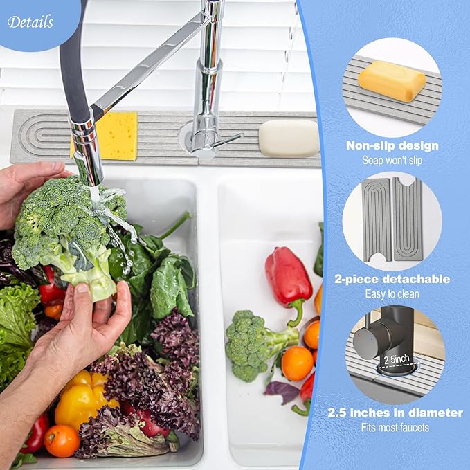 Stone Faucet Mat for Kitchen Sink- 23.6''x 3.9''Diatomite Fast-Drying Faucet Mat, Super Water Absorbing Stone Tray for Sink,Faucet Splash Guard for Bathroom Counter (Gray)