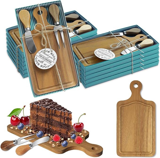 AZEAM 12 Sets Baby Bridal Shower Prizes for Game Winners, Acacia Mini Cheese Board Sets with Knives Forks and Present Box, Small Charcuterie Boards Bulk for Party Wedding Guests Present