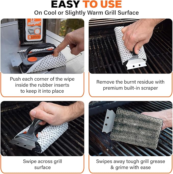 Proud Grill Q-Swiper Grill Cleaner Set - Bristle & Wire-Free Brush with Scraper & 80 Moist Wipes - BBQ Smoker Cleaner Kit, Safe for Outdoor Griddle Grates, Grease & Grime Remover, BBQ Gift for Mom