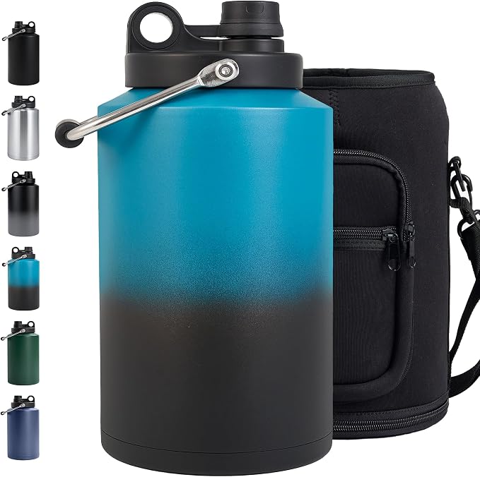 Insulated Gallon Jug with Handle, One Gallon, 128oz Stainless Steel, Large Double Vacuum Water Bottle for Cold Drinks, Wide Mouth, Sweat Proof, Carrier bag, Great for Travel, Camping, Blue Gradient