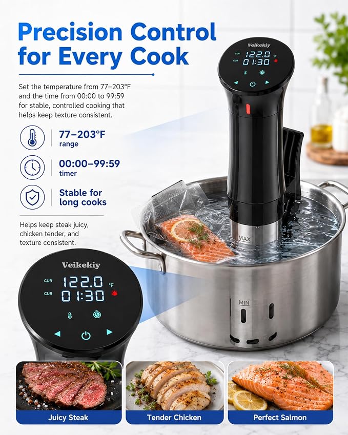 1100W Sous Vide Cooker with Precision Temperature Control & Digital Timer | Immersion Circulator Machine for Steak, Chicken, Fish, Eggs & Vegetables, Quiet Design, 304 Stainless Steel, Fits Most Pots