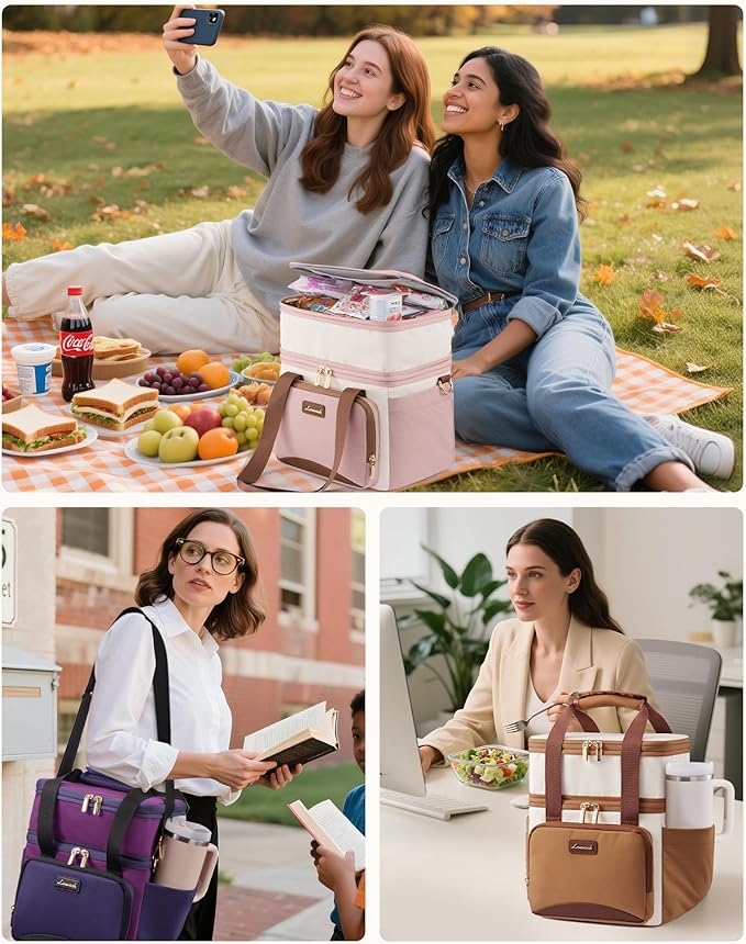 LOVEVOOK Insulated Lunch Bag For Women Men,Expandable Double Deck Lunch Box With Large Cup Holder,Leakproof Cooler Bag For Adult Lunch Tote Bag Work Picnic Beach with Adjustable Shoulder Strap Gift